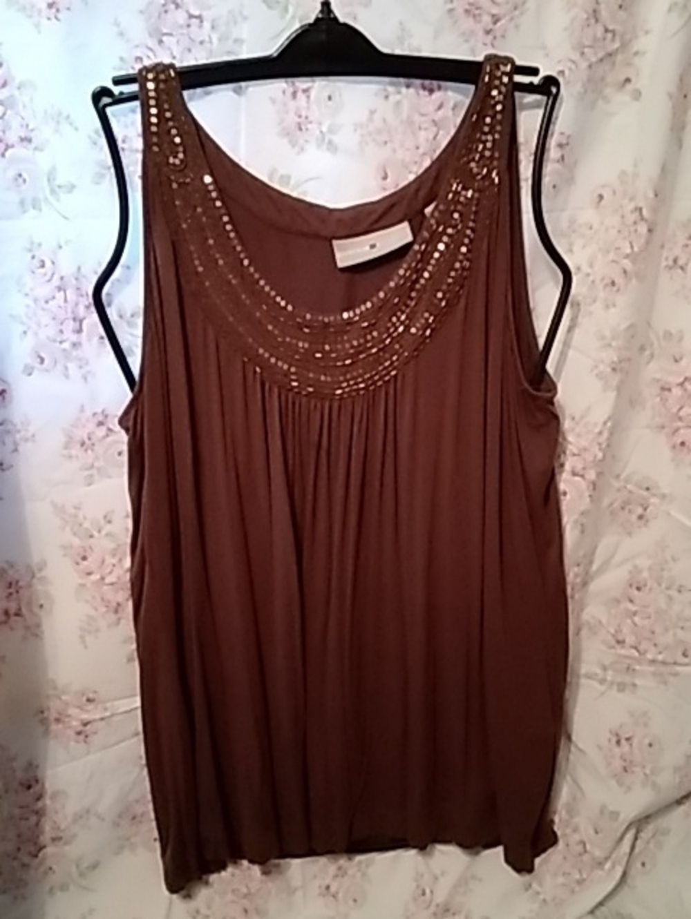 Beaded Scoop-Neck Brown Tank Top